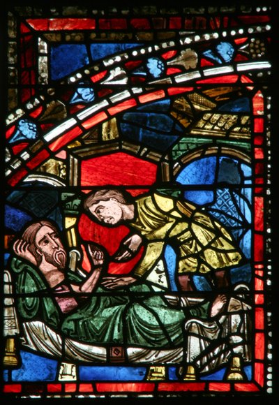 Fenster Nr. 5-L, Darstellung von Abrahams Diener Eliezer wird auf eine Mission geschickt, um eine Frau für Isaak zu finden von French School