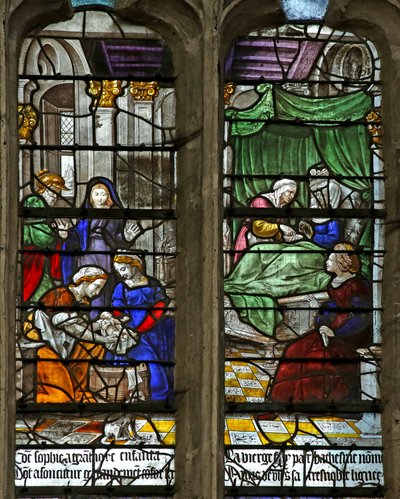 Fenster w5 mit Darstellung der Geburt von St. Foy von French School
