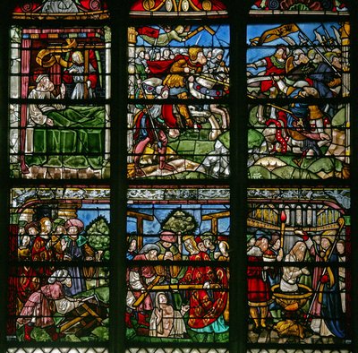 Fenster w8, Darstellung der Hl. Helena und der Auffindung des Kreuzes mit Kaiser Konstantin; darüber die Schlachtszene, in der das Kreuz erschien und Konstantin triumphiert von French School