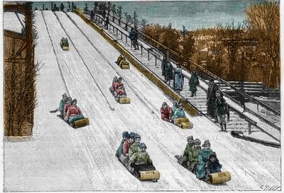 Winterspiel und Sport: die Toboggan-Rutsche, Achterbahn im Montreal Park, Kanada. Gravur in „La Nature. Revue des sciences et de ses applications aux arts et à l