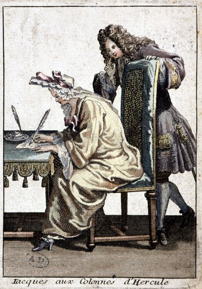 Frau im Hemd und Nachthaube schreibt einen Brief mit einem Mann, ca. 1715 von French School