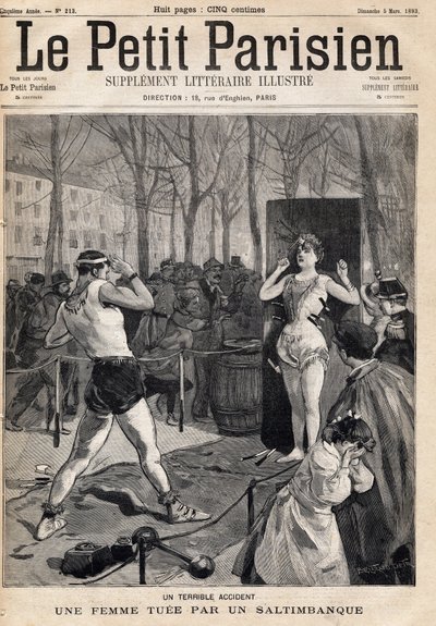 Frau bei einem Unfall während einer Straßenshow von Gauklern auf der Place des Quinconces in Bordeaux getötet. In „Le Petit Parisien“ am 05.03.1893 (Gravur) von French School