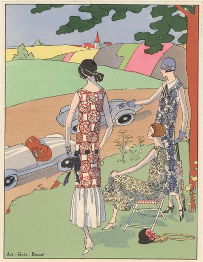Damenmode-Design der 1920er Jahre: Sportwagenrennen zuschauen von French School