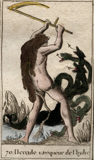 Arbeiten des Herkules: „Herkules tötet die lernäische Hydra“. Aus „Mythologie der Jugend“ von Pierre Blanchard 1803. von French School