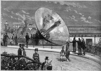 Weltausstellung 1878 in Paris: Sonnenofen erfunden von Augustin Mouchot (1823-1912). Gravur in „Le Monde Illustré“ Nr. 1125 vom 19. Oktober 1878. von French School