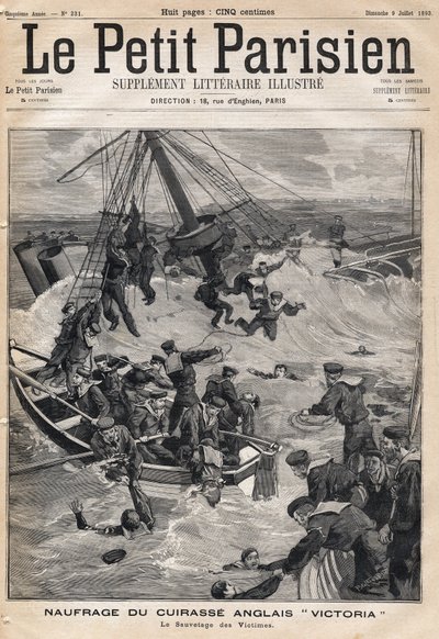 Wrack des englischen Panzerschiffs „Victoria“ nach einer Kollision an der Küste Syriens und Rettung der Opfer. In „Le Petit Parisien“ am 09.07.1893 (Gravur) von French School