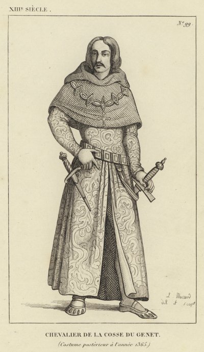 13. Jahrhundert, Ritter der Cosse du Genet, Kostüm nach dem Jahr 1365 (Gravur) von French School