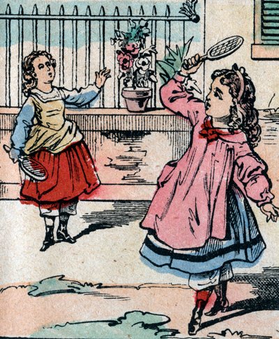 Junge Mädchen spielen Federball, frühes Spiel ähnlich wie Badminton - Epinal Bild - 19. Jahrhundert (Gravur) von French School