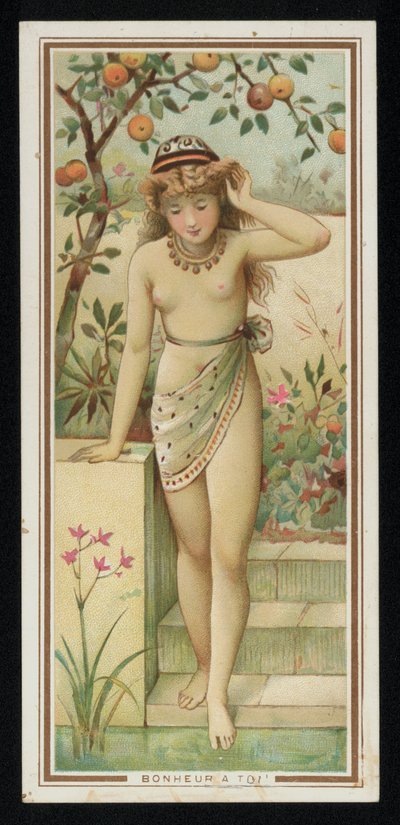 Junge Frau in einem Garten, Grußkarte von French School