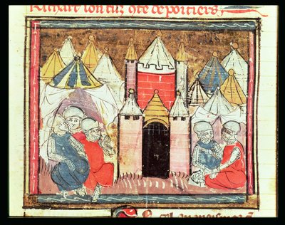 f.259r Die Belagerung von Château-Gaillard im Jahr 1204, als Philipp II. August von Frankreich (1165-1223) König Johann (Ohneland) von England (1199-1216) besiegte, aus den Grandes Chroniques de France, 1375-79 von French School