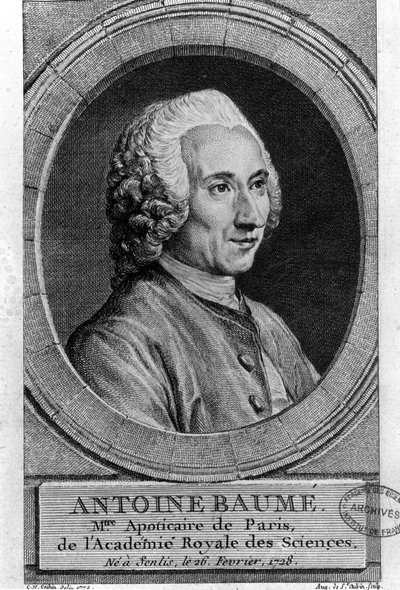 Porträt von Antoine Baumé (1728-1804), französischer Chemiker und Apotheker. Apoticaire de Paris. Gravur von 1772. von French School