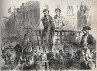 Affäre des Lyoner Postkuriers: Joseph Lesurques und Couriol gehen am 3. Oktober 1796 zur Guillotine - Gravur in „Berühmte Fälle aller Völker“ von Armand Fouquier von French School