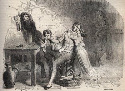 Die Lyoner Postkutschenaffäre - Fall des Lyoner Postkuriers: Der Abschied von Joseph Lesurques von seiner Familie: angeblich in den Fall des Lyoner Postkuriers von 1796 verwickelt, wurde er fälschlicherweise beschuldigt, den Lyoner Postwagen überfallen zu  von French School