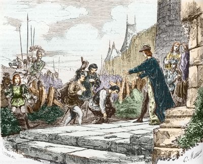 Der Delfin Louis (später Ludwig XI.), der Herzog Johann II. von Alençon und der Herzog Karl I. von Bourbon bitten König Karl VII. um Vergebung von French School