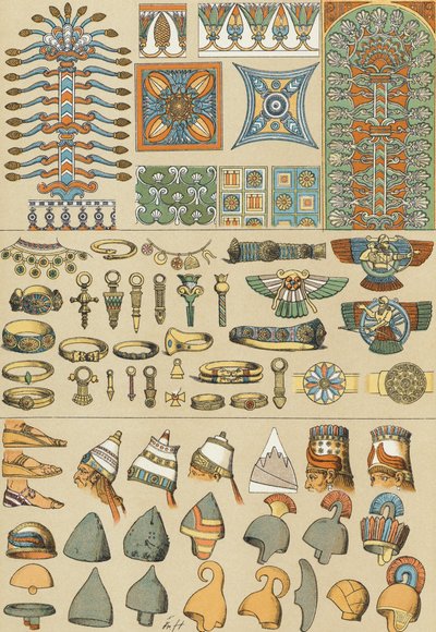 Babylonische und assyrische Kopfbedeckungen und Schuhe (Druck) von Friedrich (after) Hottenroth
