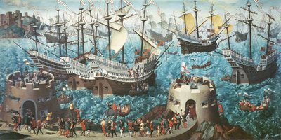 Einschiffung von Heinrich VIII. auf der Henry Grace a Dieu im Jahr 1520, kopiert von einem Gemälde von Vincent Volpi von Friedrich Bouterwek
