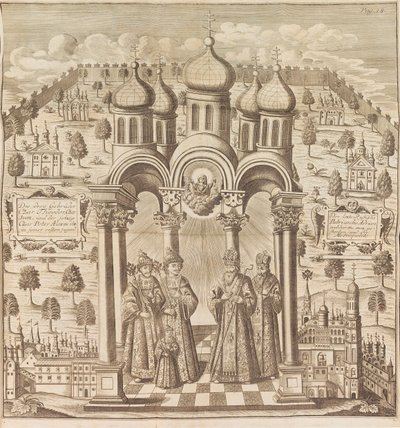Feodor III, Peter I, Ivan V und Patriarch Adrian I. Aus Das veraenderte Russland..., 1721 von Friedrich Christian Weber