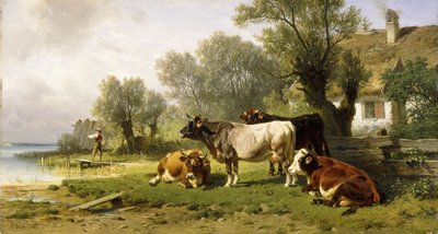 Vieh in einem Bauernhof entlang eines Flusses mit einem Fischer im Hintergrund von Friedrich Johann Voltz