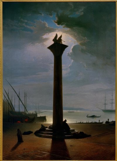 Die Markussäule in Venedig bei Mondlicht von Friedrich Nerly