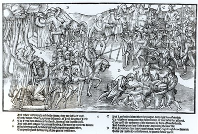 Der irische Häuptling erhält den Segen des Priesters, bevor er in den Kampf gegen die Engländer zieht, die in voller Rüstung gezeigt werden, Platte 4 aus 
