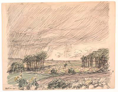 Das Heu war in Haufen aufgestellt in den grünen Wiesen von Fritz Syberg