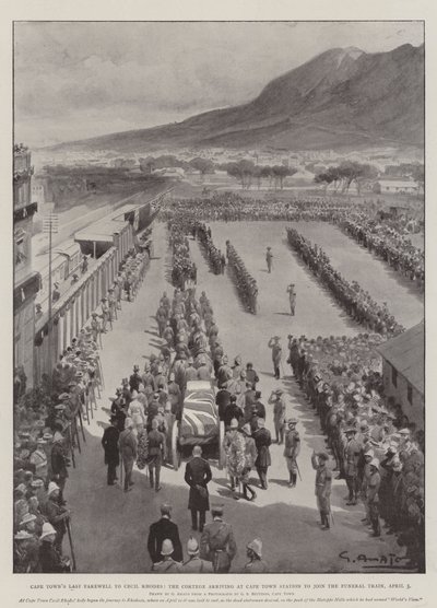 Kapstadts letzter Abschied von Cecil Rhodes, der Leichenzug erreicht den Bahnhof von Kapstadt, um den Beerdigungszug zu besteigen, 3. April von G.S. Amato