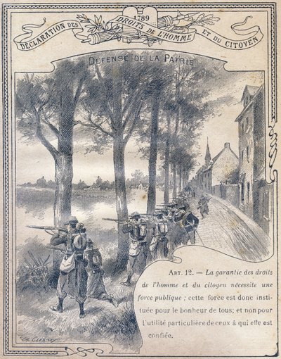 1789: Erklärung der Menschen- und Bürgerrechte: Verteidigung des Vaterlandes. Gravur in "Das einzigartige Buch der Moral und staatsbürgerlichen Unterweisung, bestimmt für die Schüler der drei Kurse der Grundschule und für die Grundschulklassen der Gymnasie von G. Dascher