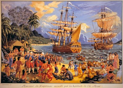 Jean Francois Galaup de Laperouse wird von den Bewohnern der Mawee-Insel auf den Sandwichinseln im Pazifik empfangen (Farblithographie) von G. Delcausse