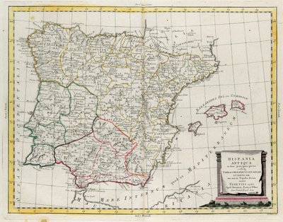 Das antike Spanien, unterteilt in drei Bereiche, nämlich Tarraconensis, Lusitania und Baetica und auch unterteilt in Völker, Stich von G. Zuliani aus Band I des "Neuesten Atlas" veröffentlicht in Venedig 1785 von Antonio Zatta, Privatsammlung von G. Zuliani