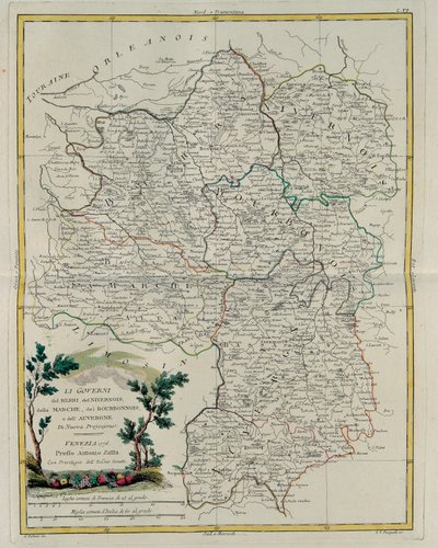 Die Gouvernements von Berri, Nivernais, Marche, Bourbon und Auvergne, Stich von G. Zuliani aus Band I des Neuesten Atlas, veröffentlicht in Venedig 1776 von Antonio Zatta, Privatsammlung von G. Zuliani