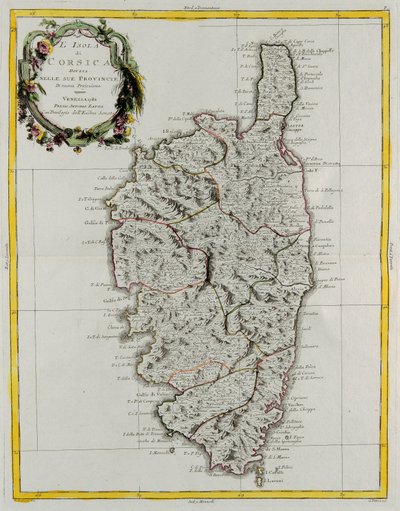 Insel Korsika, unterteilt in ihre Provinzen, Stich von G. Zuliani aus Band II des "Neuesten Atlas" veröffentlicht in Venedig 1782 von Antonio Zatta, Privatsammlung von G. Zuliani