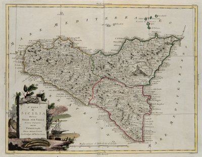 Insel Sizilien, aufgeteilt in ihre Täler, Stich von G. Zuliani aus Band II des Neuesten Atlas, veröffentlicht in Venedig 1782 von Antonio Zatta, Privatsammlung von G. Zuliani