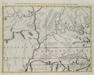 Land der Cherokee mit dem westlichen Teil von North Carolina und Virginia, Stich von G. Zuliani aus Band I des "Neuesten Atlas" veröffentlicht in Venedig 1778 von Antonio Zatta, Privatsammlung von G. Zuliani