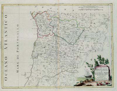 Portugal, das sind die Provinzen Entre Douro, Minho, Traz-os-Montes und Beira, Stich von G. Zuliani aus Band I des Neuesten Atlas, veröffentlicht in Venedig 1776 von Antonio Zatta, Privatsammlung von G. Zuliani