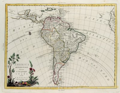 Südamerika, aufgeteilt in seine Hauptstaaten, Kupferstich von G. Zuliani aus Band IV des "Neuesten Atlas" veröffentlicht in Venedig von Antonio Zatta, Privatsammlung von G. Zuliani