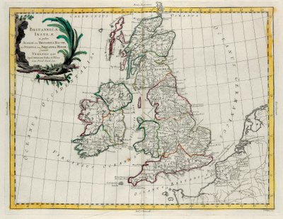 Die Britischen Inseln, in denen sich Albion oder Großbritannien und Ivernia oder Kleinbritannien befinden, Stich von G. Zuliani aus Band I des Neuesten Atlas, veröffentlicht in Venedig 1785 von Antonio Zatta von G. Zuliani