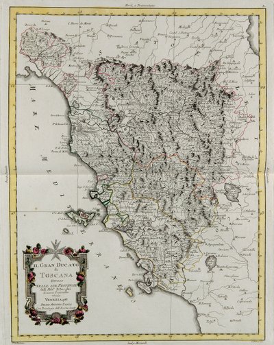 Das Großherzogtum Toskana, aufgeteilt in seine Provinzen, Gravur von G. Zuliani aus Band II des "Neuesten Atlas" veröffentlicht in Venedig 1783 von Antonio Zatta, Private Sammlung von G. Zuliani