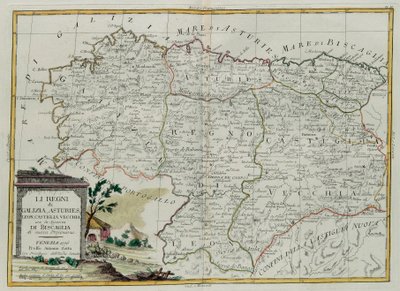 Die Königreiche Galicien, Asturien, León, Castilla Vieja mit dem Rat von Biscallia, Stich von G. Zuliani aus Band I des Neuesten Atlas, veröffentlicht in Venedig 1776 von Antonio Zatta, Privatsammlung von G. Zuliani