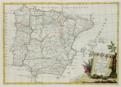 Die Königreiche Spanien und Portugal, aufgeteilt in ihre Provinzen, Stich von G. Zuliani aus Band I des Neuesten Atlas, veröffentlicht in Venedig 1775 von Antonio Zatta, Privatsammlung von G. Zuliani