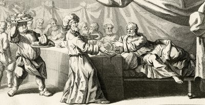 Jesus zum Abendessen mit dem Pharisäer eingeladen, Illustration aus dem Evangelium des Heiligen Lukas, Kapitel 11:37, 1728 von Gabriel Francois Louis Debrie