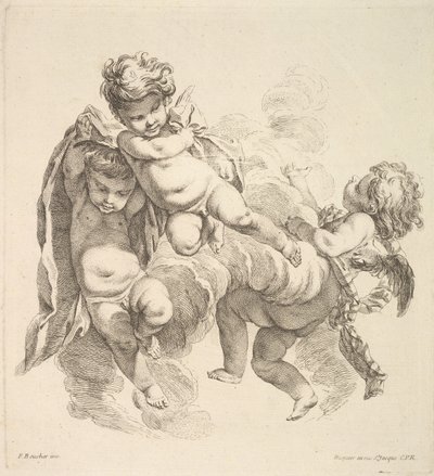 Drei Kinder unter Wolken, die ein Tuch tragen von Gabriel Huquier