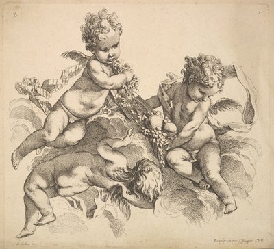 Drei Kinder mit einer Obstschale, 1738-45 von Gabriel Huquier
