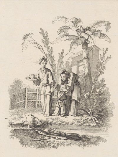 Zwei Frauen führen ein Kind zu einer Teekanne auf einem Tisch in der Nähe eines Teiches, ca. 1742 von Gabriel Huquier