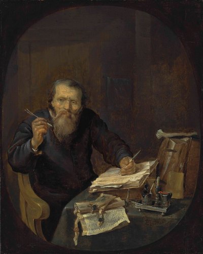 Ein Notar, der in einem Innenraum seine Feder spitzt von Gabriel Metsu