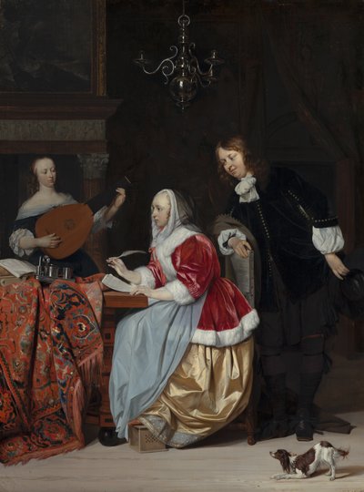 Eine junge Frau schreibt Musik von Gabriel Metsu