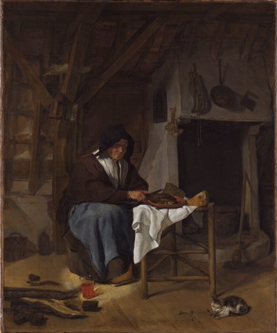 Alte Frau bei ihrer Mahlzeit in einem Innenraum von Gabriel Metsu