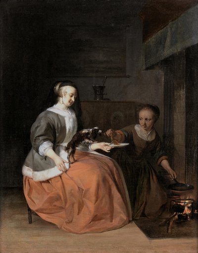 Junge Frau und Dienstmädchen füttern einen Hund mit einem Pfannkuchen von Gabriel Metsu