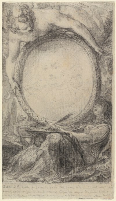 Allegorischer Rahmen mit einem Genius und einer verschleierten Frau, die schreibt, um 1769 von Gabriel de Saint-Aubin