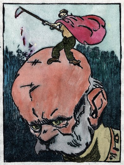 Franz Joseph I. von Österreich mit dem Tod auf seinem Kopf, der ausruft: Was für ein harter Kopf! 1915 (Gravur) von Gabriele (1865-1937) Galantara