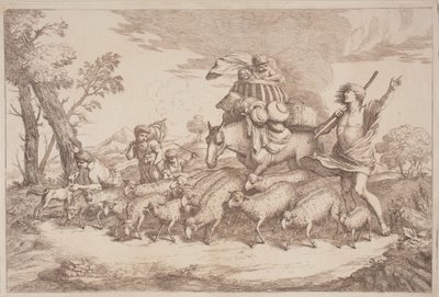 Eine pastorale Reise mit einem Kind im Korb auf dem Pferd von Gaetano Zompini, after Giovanni Benedetto Castiglione